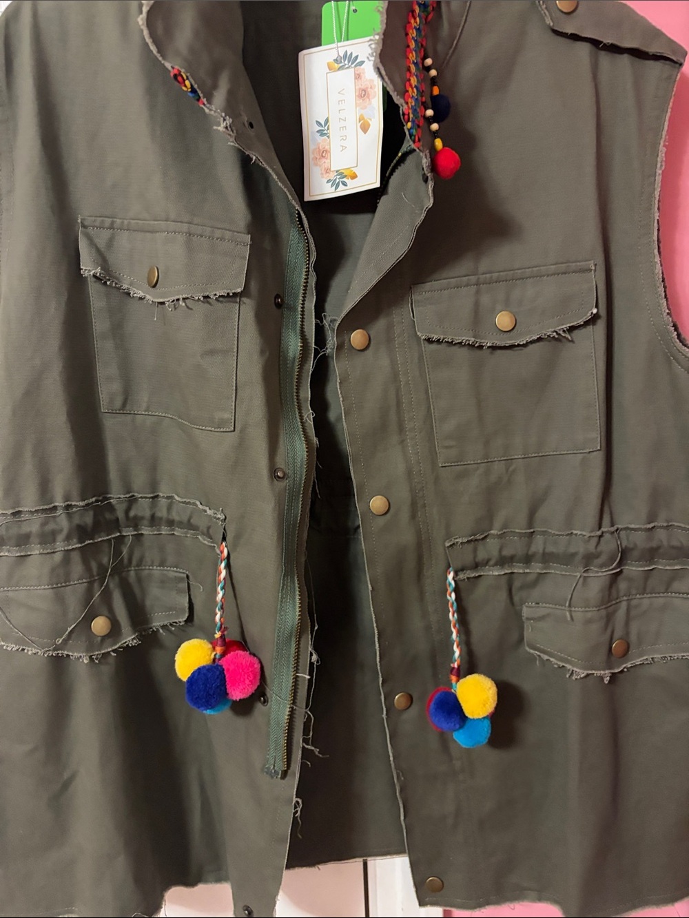 Velzera Olive Green Utility Vest with Colorful Pom-Pom Accents